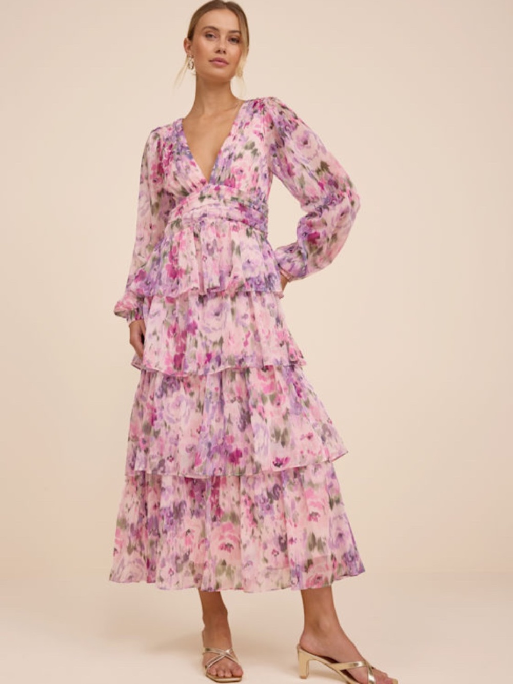 Lulus Blush Multi Floral Tiered Midi Dress Pink - Size S
